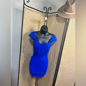 Privy Cobalt Blue Off-Shoulder Ruched Mini Dress
